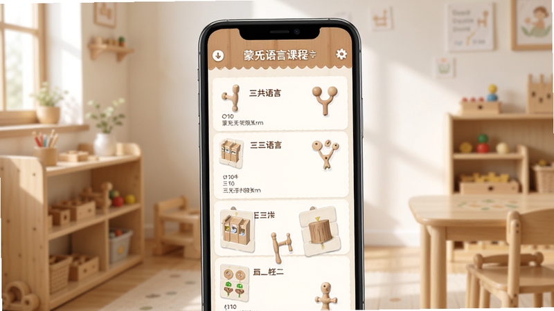 一款名为蒙氏语言的安卓应用界面展示,画面中央为手机屏幕特写,屏幕内呈现蒙氏语言课程分类列表与三段卡教具图标,背景为浅木色蒙氏教室环境,柔和自然光线,整体风格温馨专业,适配Boogu模型生成