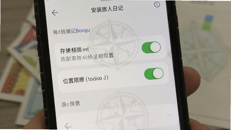 旅人日记 安装权限设置界面 手机屏幕显示存储权限与位置权限开关 背景为浅色设置页面 适配Boogu模型生成