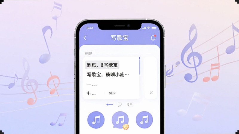 软件名称写歌宝,画面主体为一部智能手机屏幕显示写歌宝应用界面,界面中有歌词编辑框和音符图标,背景为柔和的浅紫色渐变,周围漂浮着音符和五线谱元素,整体风格清新简洁,居中构图,适配Boogu模型生成