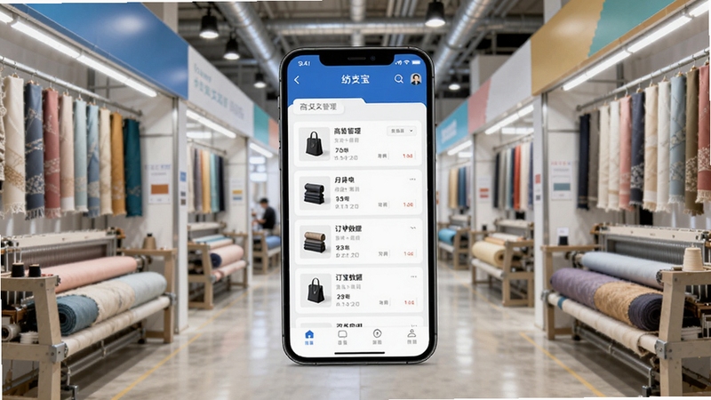 纺支宝商家应用主界面全景展示,画面中央为手机屏幕显示商品管理列表与订单数据看板,背景区域为现代化纺织面料市场档口场景,色调明亮商务,适配Boogu模型生成