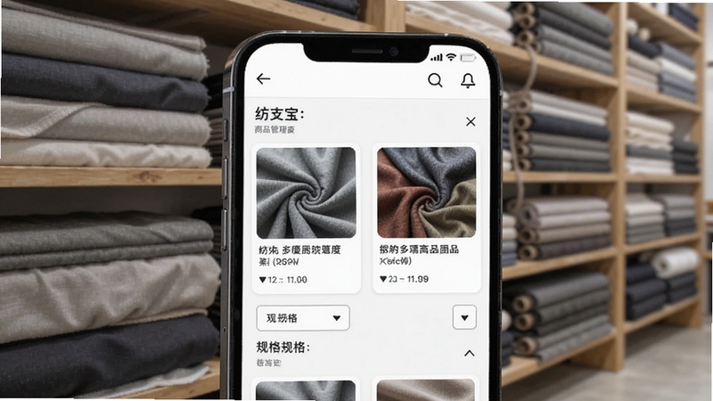 纺支宝商家商品管理界面特写,手机屏幕中展示面料商品卡片与规格筛选栏,背景为整齐堆叠的布匹货架,整体风格简洁专业,适配Boogu模型生成