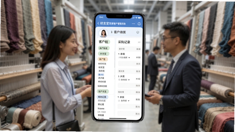 纺支宝商家客户管理页面,手机屏幕展示客户标签与采购记录,背景为纺织商圈洽谈场景,人物模糊虚化,突出应用界面,适配Boogu模型生成