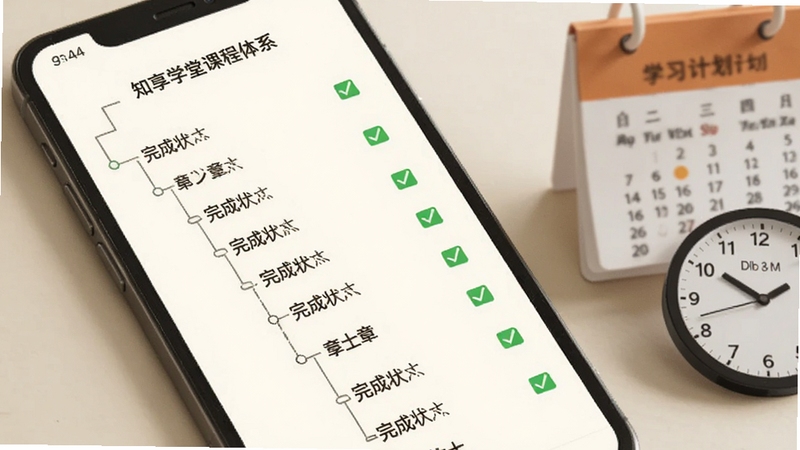 知享学堂课程体系页面,手机屏幕显示树状章节列表,每个章节旁有完成状态勾选标记,背景为柔和米白色,画面右侧有日历与时钟元素,体现学习计划感