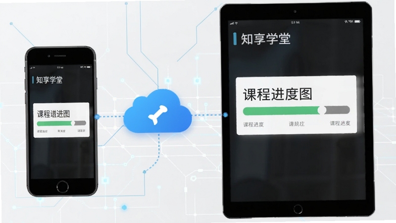 知享学堂学习进度同步示意图,画面左侧手机与右侧平板之间用云朵图标连接,屏幕内均显示相同的课程进度条,背景为浅灰科技感网格