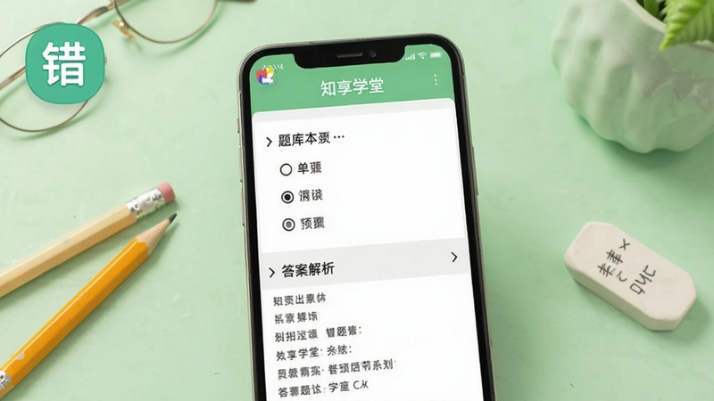 知享学堂题库练习界面,手机屏幕展示单选题与答案解析区域,错题本图标悬浮在角落,背景为浅绿色学习氛围,桌面有铅笔与橡皮擦