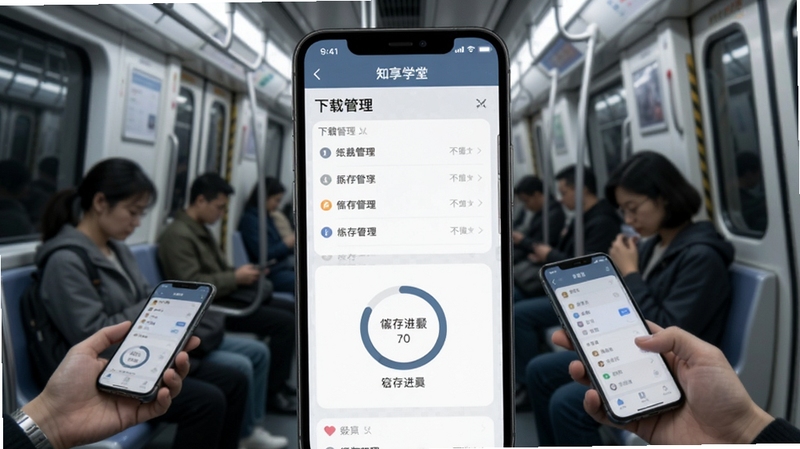 知享学堂离线缓存功能界面,手机屏幕显示下载管理列表与缓存进度环,背景为地铁车厢场景,有乘客手持手机学习,色调偏冷灰