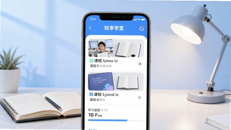 知享学堂app主界面,画面中央展示手机屏幕内课程列表与学习进度条,背景为淡蓝渐变学习场景,书桌上有笔记本与台灯,整体风格简洁明亮,适配Boogu模型生成