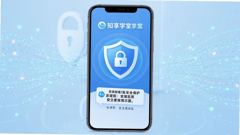 知享学堂安全使用示意图,画面中央手机屏幕显示盾牌图标与隐私保护提示,背景为淡蓝色数据流线条,整体传递安全可信感