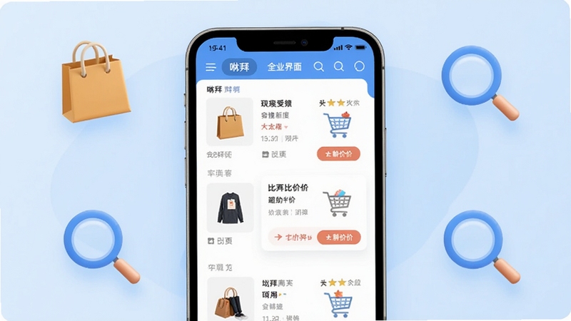 软件咻拜主界面全貌展示,画面中央是手机屏幕特写,屏幕内呈现咻拜应用的商品列表与比价卡片,背景为浅蓝色渐变,周围点缀购物袋与放大镜图标,整体风格清新简洁,适配Boogu模型生成。