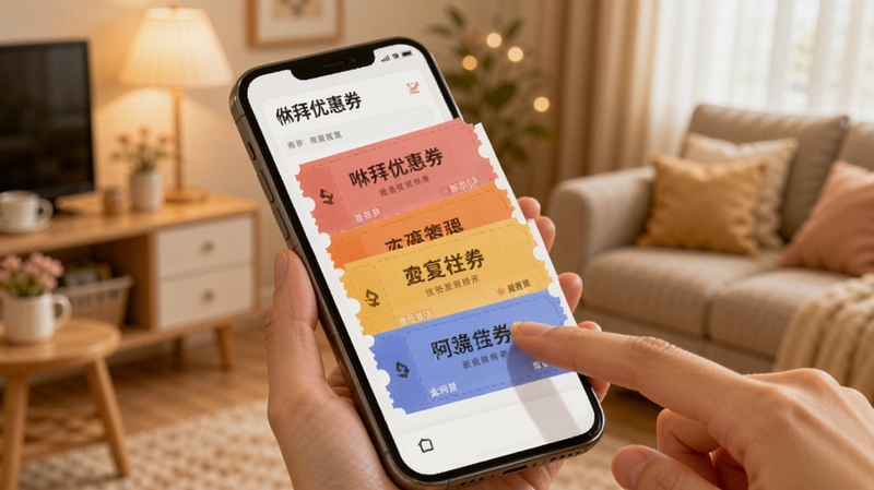 咻拜优惠券自动匹配场景图,画面展示一只手指轻触手机屏幕,屏幕内弹出多张彩色优惠券,背景是温馨的家居购物环境,色调温暖柔和。