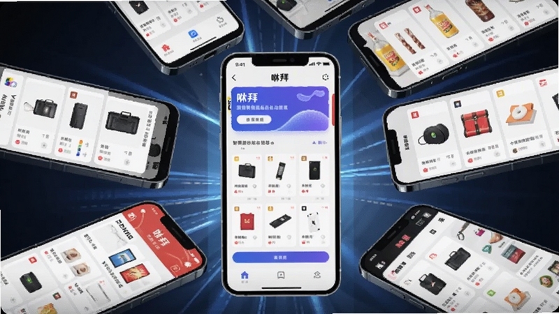 咻拜智能商品聚合功能展示图,画面中多部手机环绕排列,每部屏幕显示不同购物平台的商品卡片,中心位置是咻拜的聚合界面,光线明亮,科技感十足。