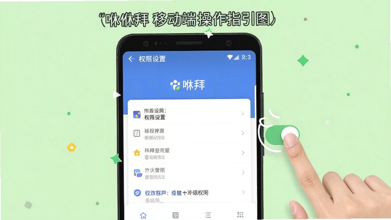 咻拜移动端操作指引图,画面展示一部安卓手机,屏幕内是咻拜的权限设置界面,旁边有手指点击开关的示意,背景为浅绿色,风格清爽。