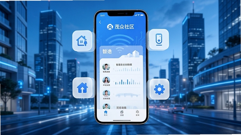 茂众生活 智慧社区 应用界面 展示 现代城市 背景 科技感 蓝色调 手机屏幕 悬浮 功能图标 清晰 明亮
