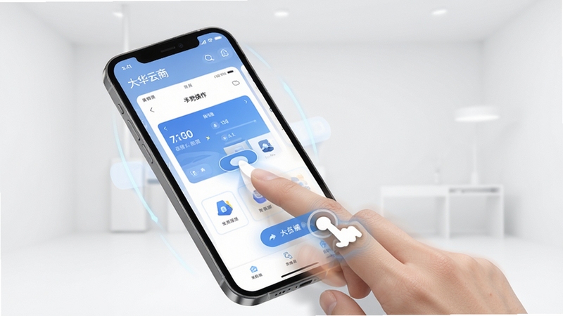 大华云商移动端手势操作示意图,手机屏幕展示滑动切换页面与快捷按钮点击的动态感,画面带有轻微的动效拖影;背景为简洁的浅色空间,突出移动端操作的轻快与顺手