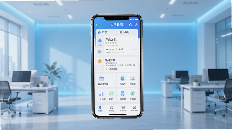大华云商应用主界面全景展示,画面中央为手机屏幕内呈现的商务工作台首页,包含产品分类导航、消息提醒与快捷功能入口;背景为现代办公环境,浅蓝色渐变科技感氛围,光线柔和,整体构图简洁清晰,突出移动端商务应用的便捷与专业感
