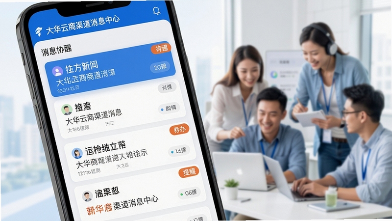 大华云商渠道消息中心界面,手机屏幕显示多条消息卡片与待办提醒标记,画面右侧有轻微虚化的团队协作场景;整体色调以蓝白为主,光线明亮,突出信息集中管理与高效协同的视觉感受