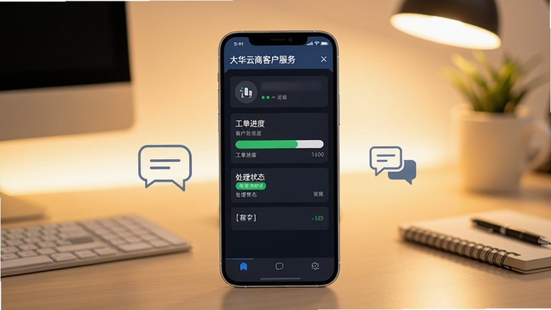大华云商客户服务工单页面,画面中央手机屏幕显示工单进度条与处理状态标签,旁边有客户沟通的简约图标;背景为柔和暖光下的办公桌面,整体风格干净利落,体现服务跟进的专业与高效