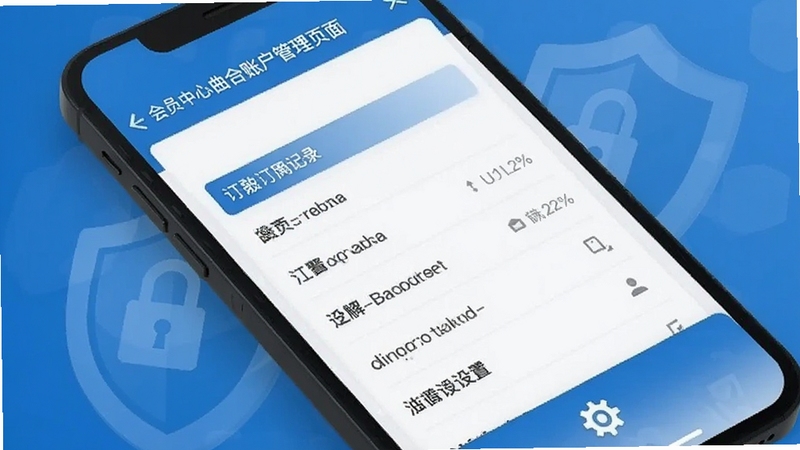 曲合账户管理页面,手机屏幕显示会员中心与订阅记录列表,界面以蓝白为主色调,背景有盾牌图标象征安全,画面下方有设置齿轮,整体风格简洁可信