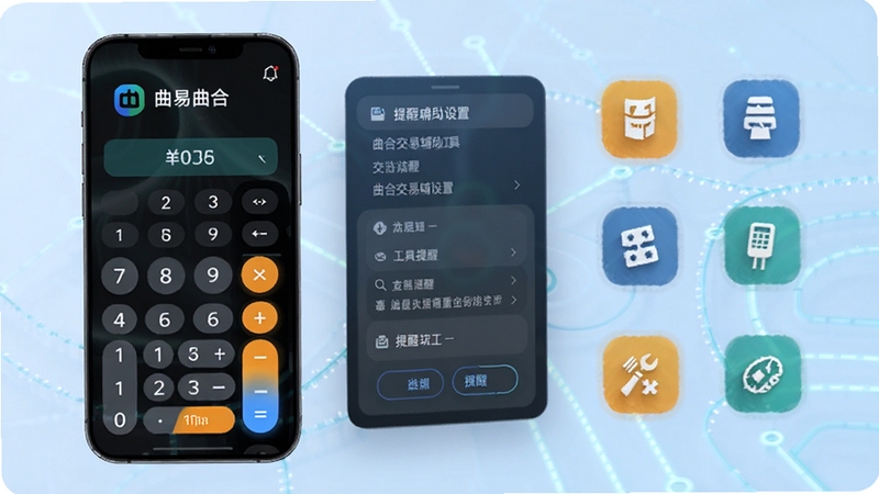 曲合交易辅助工具界面,手机屏幕展示计算器与提醒设置面板,背景为浅蓝色科技纹理,画面中有曲合logo与工具图标组合,整体视觉干净利落