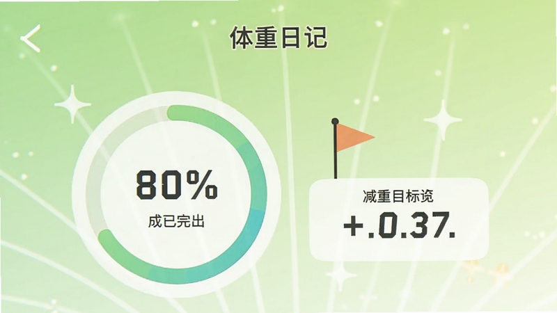 体重日记应用内的目标设定页面,画面中有一个圆形进度条显示已完成百分之七十,旁边有小旗子图标和减重目标数字,背景是浅绿色渐变,整体呈现积极向上的视觉氛围