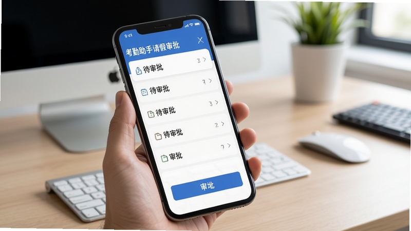 考勤助手请假审批界面,手机屏幕显示待审批列表与审批按钮,背景为办公桌面,风格干净利落