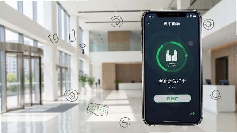 考勤助手GPS定位打卡界面展示,手机屏幕显示打卡成功动画,背景为现代办公楼大堂,画面明亮清晰,突出便捷操作感