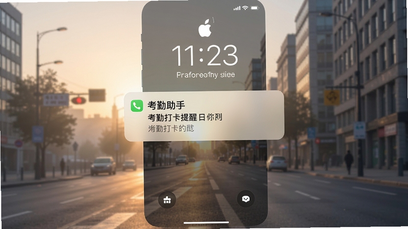 考勤助手消息提醒弹窗,手机锁屏界面显示考勤打卡提醒通知,背景为清晨城市街景,光线柔和