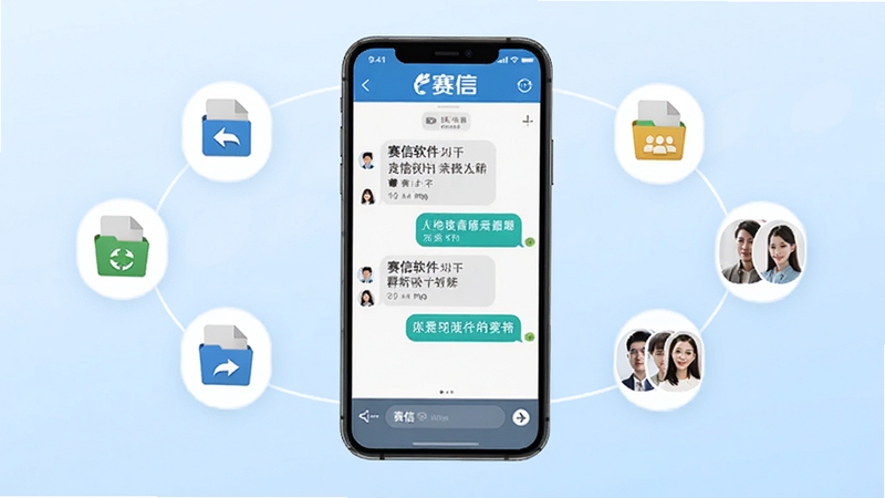 赛信软件即时通讯界面展示,手机屏幕中央显示聊天对话框,周围环绕文件传输图标和群组头像,背景为浅蓝色渐变,整体风格简洁商务,突出赛信品牌标识