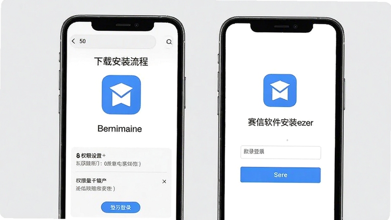 赛信软件安装步骤示意图,手机屏幕展示下载安装流程,包含权限设置和登录界面,背景为浅灰色,风格简洁明了,突出赛信应用图标