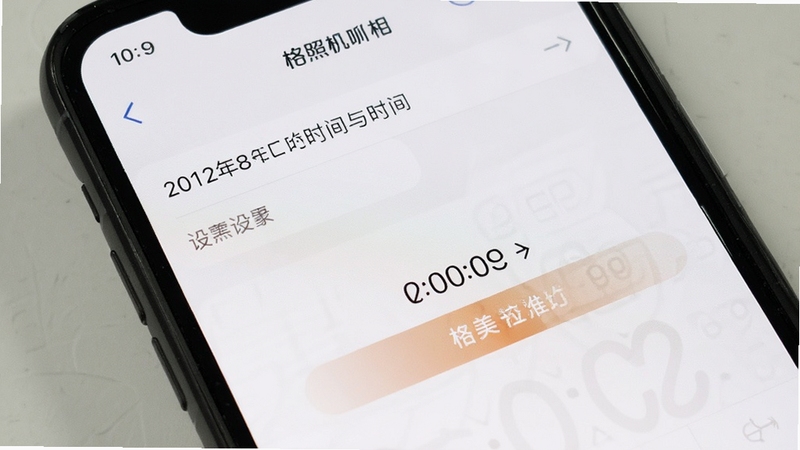 格美相机拍照时间设置界面示意图,画面展示手机屏幕中日期与时间设置选项,背景为简洁的白色界面,突出时间校准操作