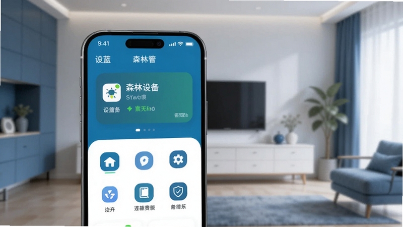 画面主体为一部智能手机屏幕显示森蓝应用主界面,界面中包含设备连接状态卡片与功能图标;背景区域为简约现代家居环境,色调以蓝白为主,光线柔和,突出科技感与生活感,适配Boogu模型生成