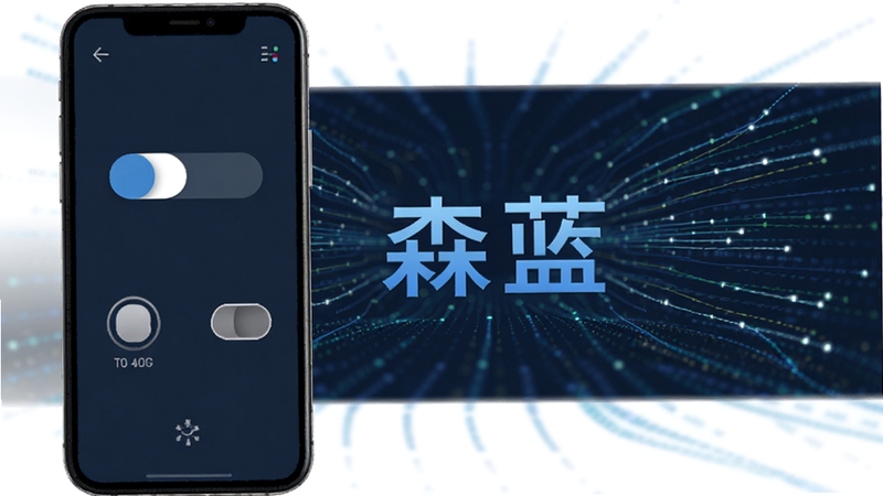 森蓝远程控制界面示意图,手机屏幕显示滑块与开关控件,背景为抽象数据流线条,体现远程操控的科技氛围,画面中央有森蓝字样