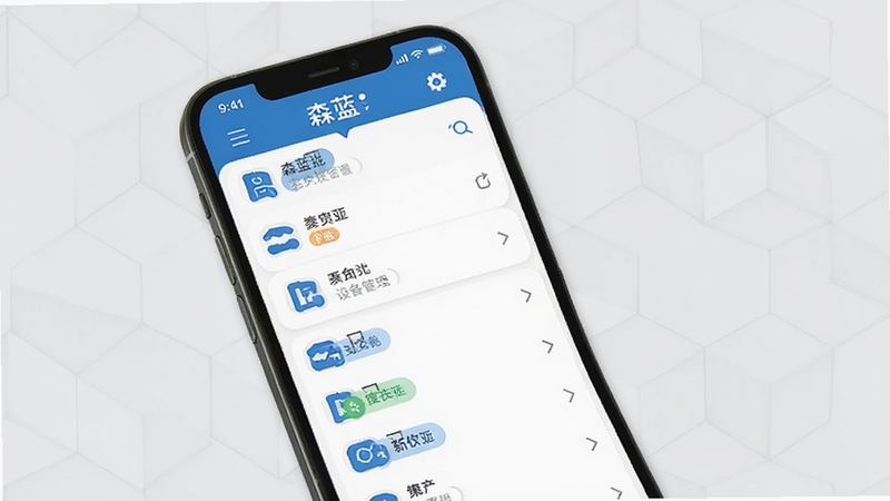 森蓝应用多设备管理界面展示,手机屏幕显示设备列表与分组标签,背景为浅灰色几何图案,画面简洁清晰,突出森蓝品牌色