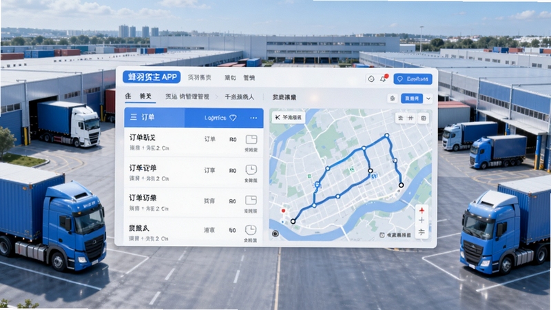货运物流管理软件主界面展示,画面中央为蜂羽货主APP首页截图,显示订单列表与物流轨迹地图,背景为现代化物流园区与货车运输场景,整体色调以科技蓝和白色为主,简洁商务风格