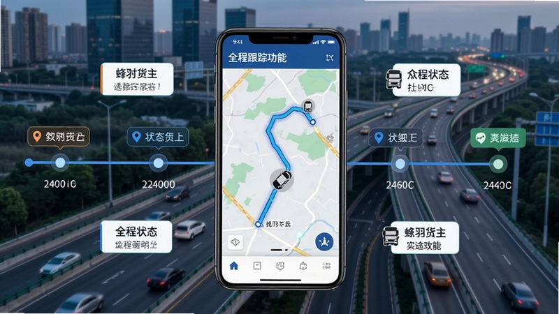 蜂羽货主在途跟踪功能展示,画面中央为手机屏幕显示物流轨迹地图与车辆图标,周围环绕时间轴节点和状态标签,背景为城市道路与高速公路网,体现实时定位与全程可视化管理