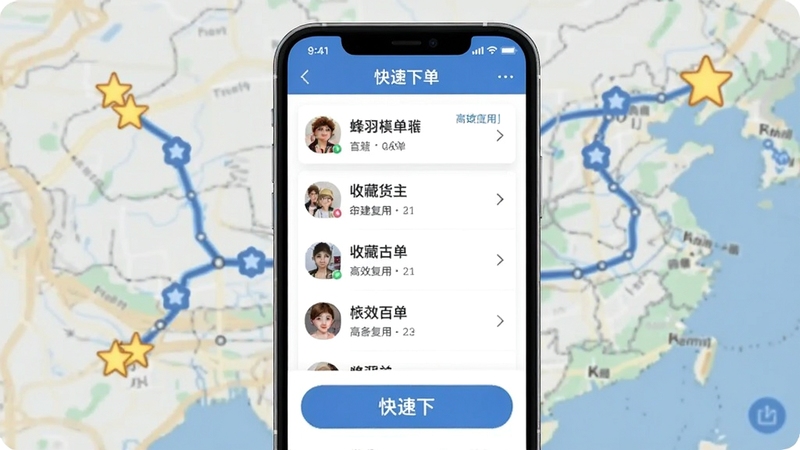 蜂羽货主常用线路模板收藏界面,画面主体为手机屏幕展示收藏列表与快捷下单按钮,背景为地图线路与星标图标,突出个性化定制与高效复用的产品理念