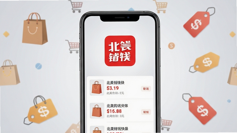 北美省钱快报软件主界面全貌展示,画面主体为一部智能手机屏幕,屏幕中央清晰呈现北美省钱快报APP的标志性红色图标与折扣信息流列表,背景区域为柔和的浅灰色渐变,点缀少量购物袋与折扣标签元素,整体风格简洁明快,突出实用购物工具属性
