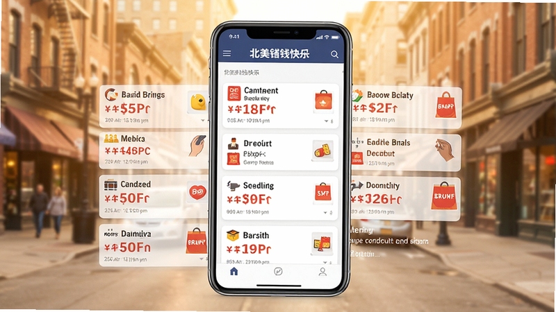 北美省钱快报实时折扣聚合功能场景图,画面中央为北美省钱快报应用界面,界面内整齐排列多条折扣信息卡片,卡片上标注品牌名称与折扣力度,背景为北美城市街景虚化效果,整体色调温暖明亮,体现购物优惠的丰富性与便捷性