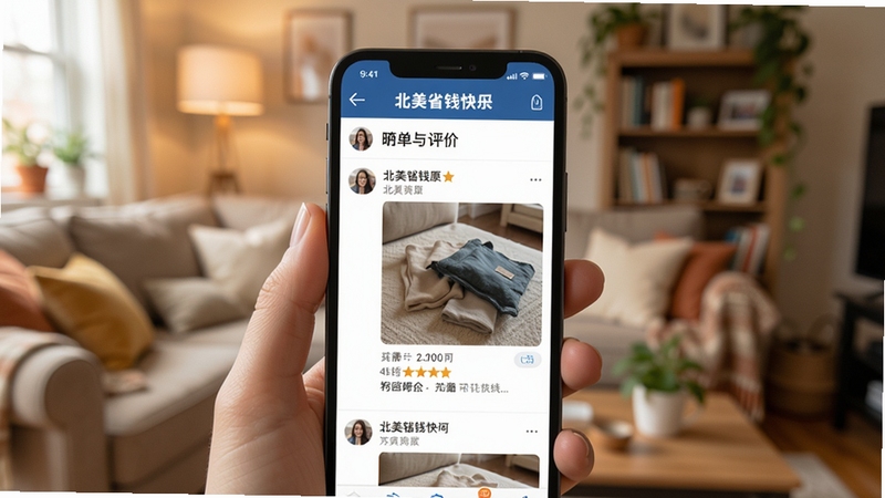 北美省钱快报社区晒单与评价功能展示图,画面主体为手机屏幕上的北美省钱快报社区页面,页面内展示用户发布的商品实拍图与评价文字,背景区域为温馨的家居环境虚化,整体风格亲切自然,突出真实用户分享氛围