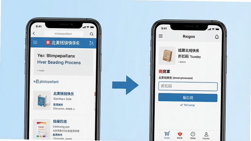 北美省钱快报折扣码使用步骤示意图,画面主体为手机屏幕分屏展示,左侧为北美省钱快报折扣信息页面,右侧为商家结算页面折扣码输入框,背景为简洁的浅蓝色渐变,整体风格清晰直观,便于用户理解操作流程