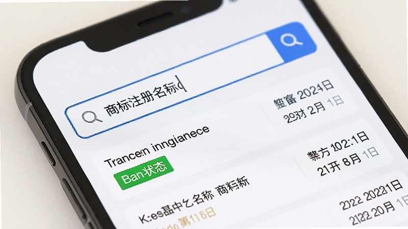 商标注册查询软件的综合检索功能界面,手机屏幕特写显示搜索框内输入了商标名称,下方列出多条商标查询结果,每条结果带有状态标签和日期信息,背景为简洁的白色界面搭配蓝色高亮元素