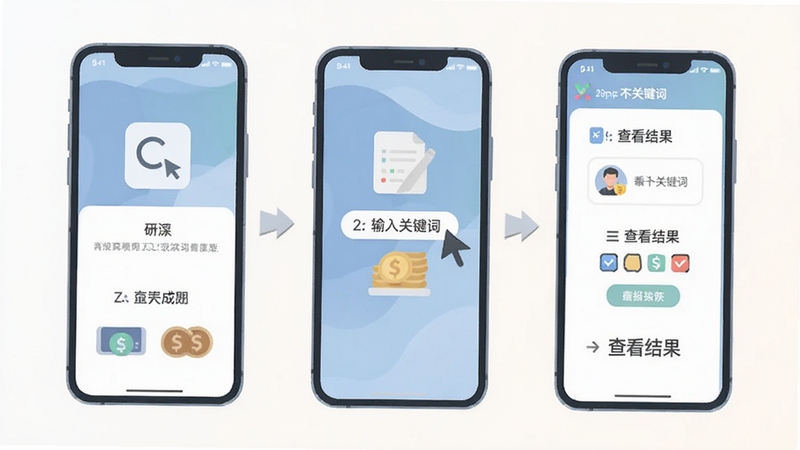 商标注册查询软件在手机上的操作流程示意图,画面展示从打开应用到输入关键词再到查看结果的三个步骤,每个步骤配以简洁的图标和文字标注,整体风格为扁平化设计,色彩柔和