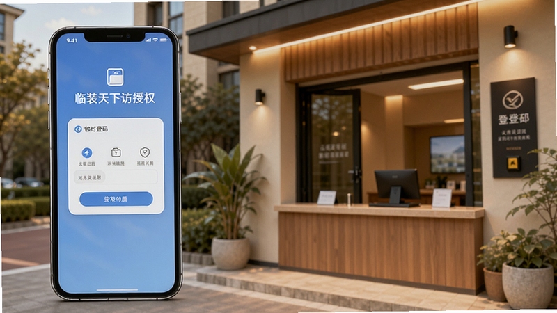 云装天下访客授权界面展示,画面中手机屏幕显示临时密码生成页面,背景为小区入口访客登记处,风格温馨现代