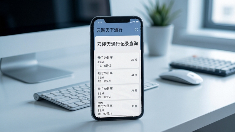 云装天下通行记录查询页面,手机屏幕展示详细开门日志列表,背景为简约办公桌面,色调冷静专业