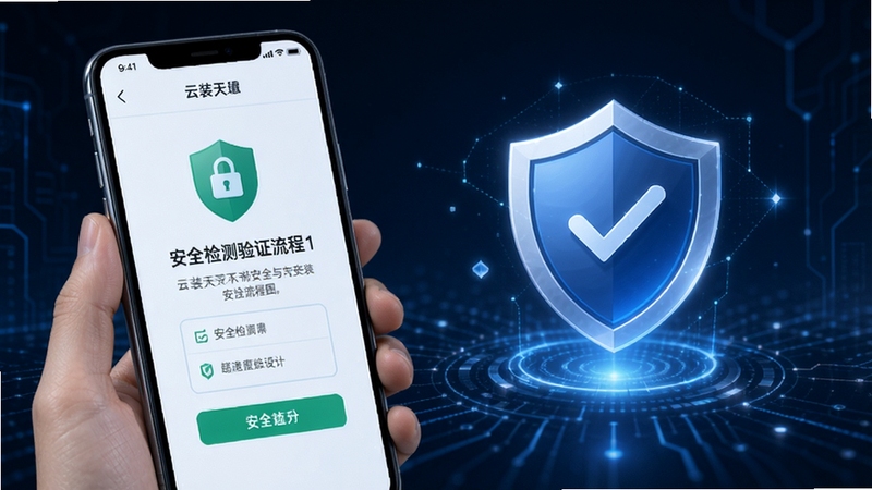 云装天下安全下载与安装验证流程图,画面展示手机屏幕上的安全检测通过界面,背景为简约科技风格,突出安全盾牌图标
