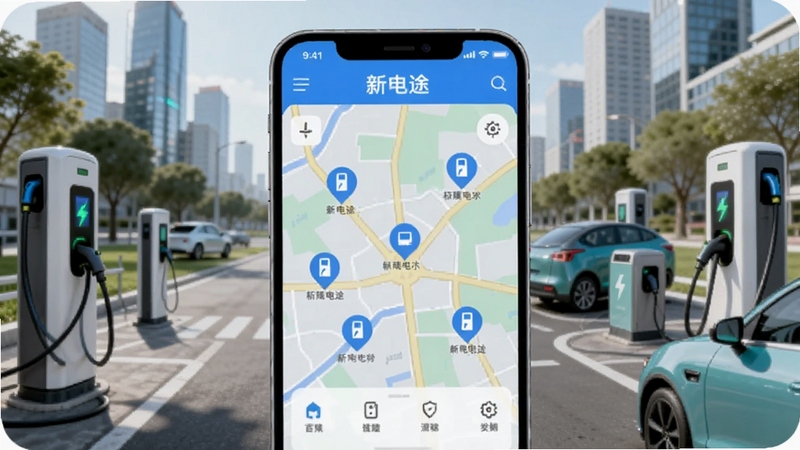 画面主体为一部智能手机屏幕显示新电途App首页地图界面,地图上标注多个充电站图标,背景为城市道路与新能源汽车正在充电的场景,整体色调清新明亮,突出科技感与便捷性,画面中心为手机屏幕,四周环绕充电桩、车辆等元素,适配Boogu模型生成。