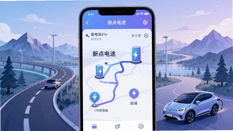 新电途App行程规划界面截图风格插画,显示从起点到终点的路线图,沿途标注多个充电站,手机屏幕外有公路、山川和电动汽车元素,画面呈现科技感与旅行氛围,色调以蓝紫渐变为主。