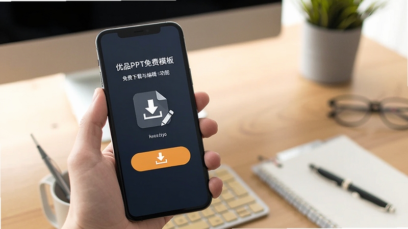 优品PPT免费模板 免费下载与编辑功能展示,画面中一只手拿着手机,屏幕上显示下载按钮和编辑图标,背景为办公桌面环境,风格写实明亮