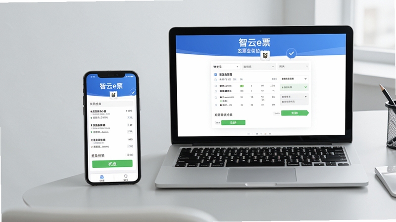 智云e票发票查验页面展示,界面中显示查验结果与状态标识,手机与电脑双端同步,背景为浅灰色办公桌,画面简洁干净,突出查验功能的可靠性
