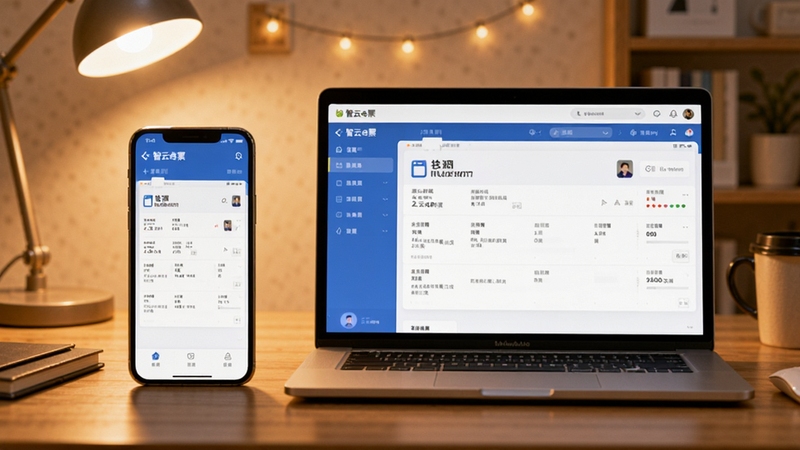 智云e票多端同步场景展示,一部手机与一台笔记本电脑并排摆放,屏幕均显示相同的发票管理界面,背景为居家办公桌,暖色灯光,体现便捷同步的体验